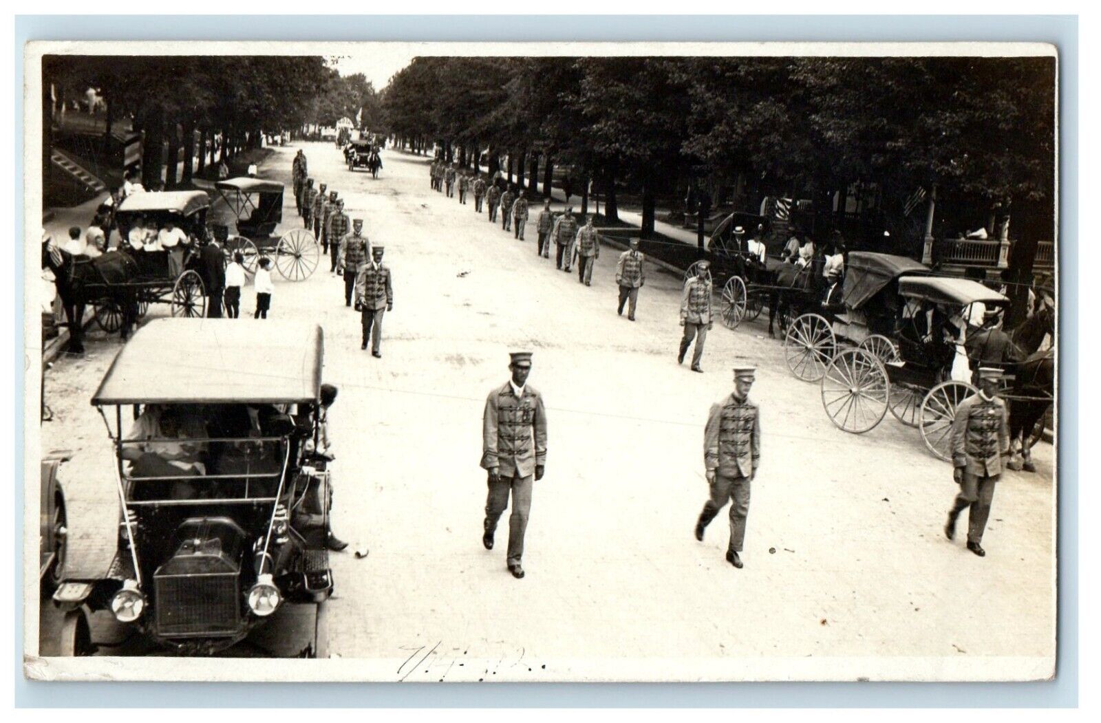 1913 Parade Uniforms Horse Vintage Cars Kids Crowd Ohio OH RPPC Photo Postcard