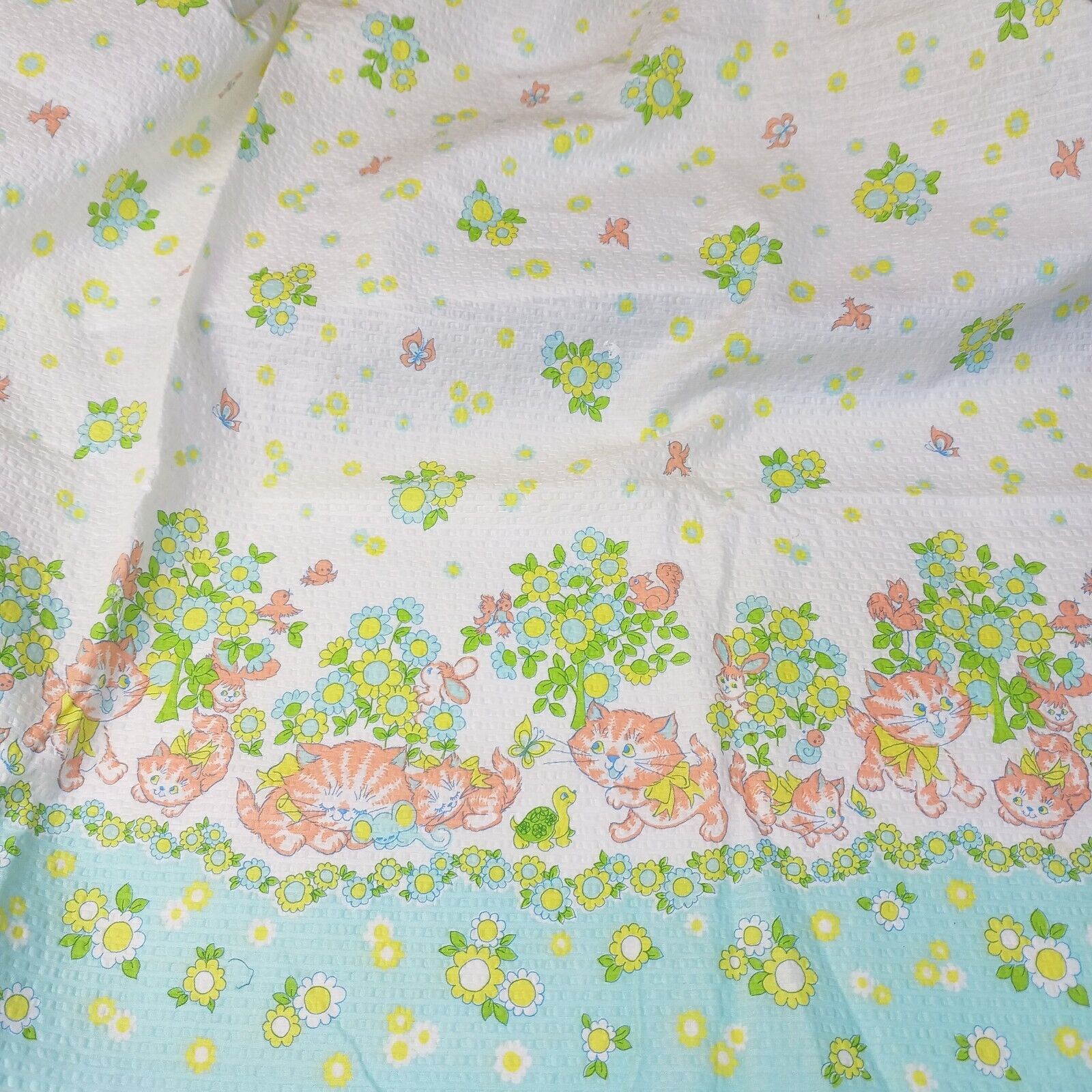 Vtg Seersucker Cotton 70s Nursery Cat Turtle Pastel Border Fabric 2.5 Yards Cute