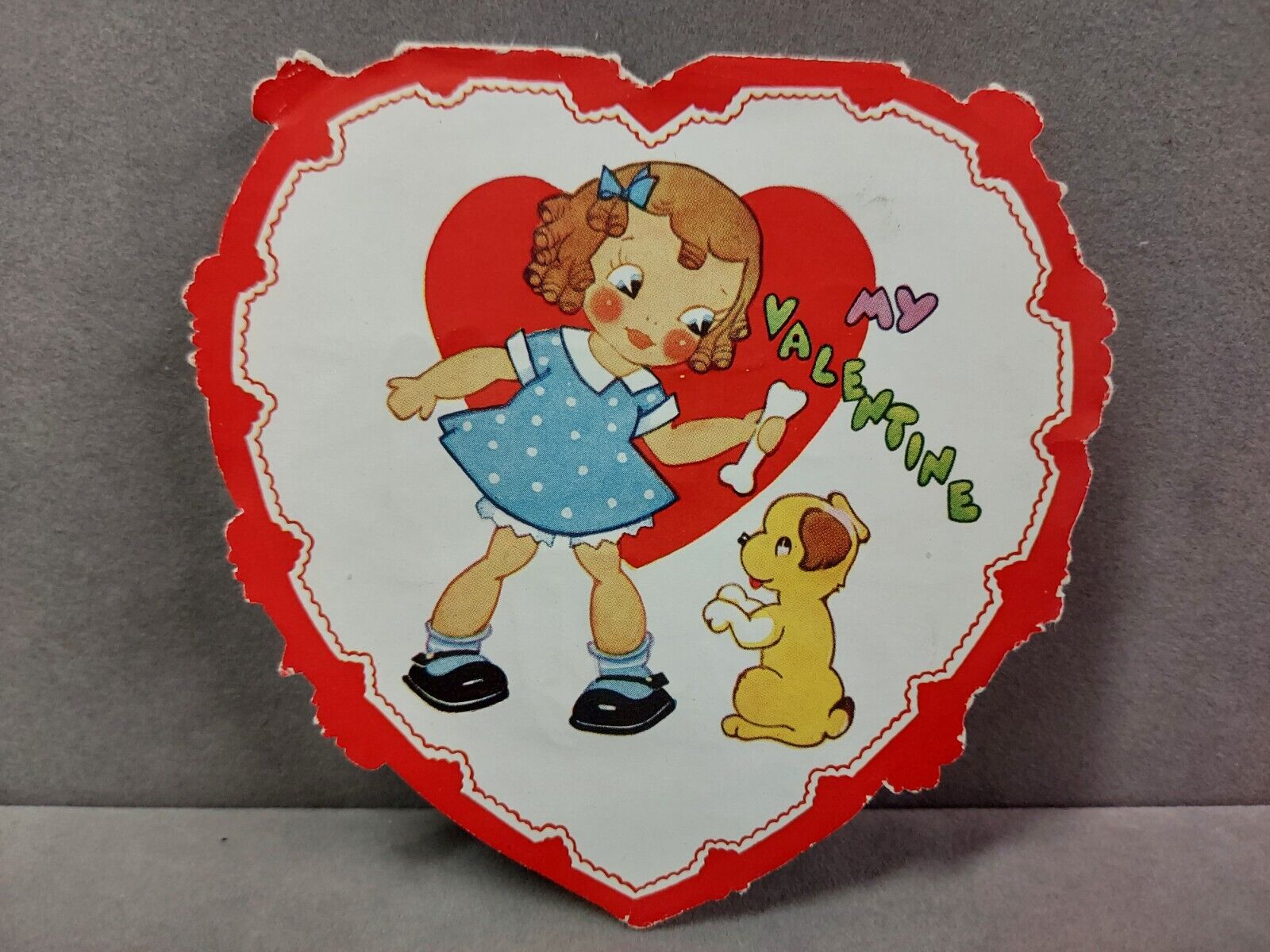 Vintage Embossed Die Cut Valentines Card 1950s My Valentine Girl & Puppy Used 