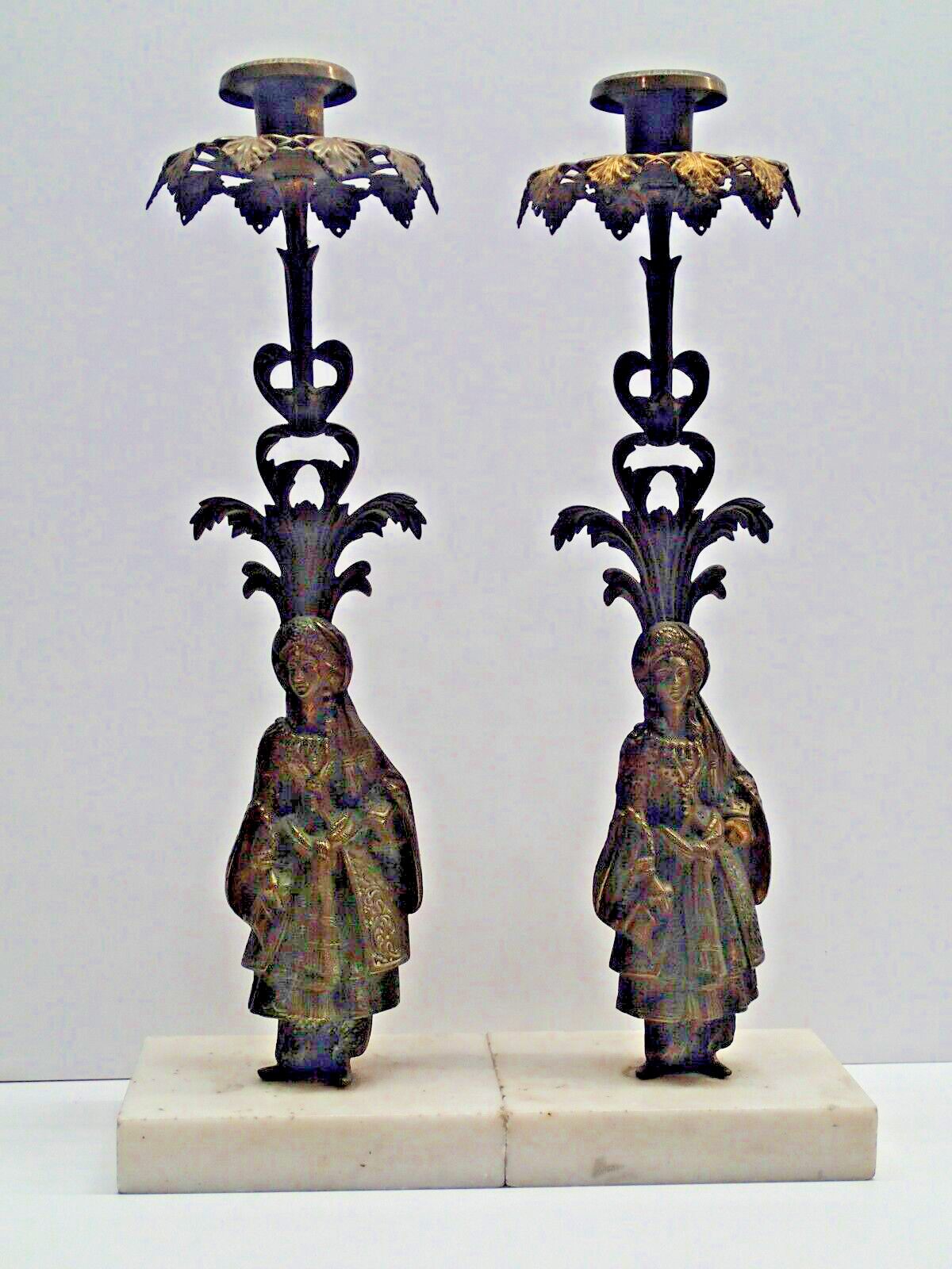 Antique Pair Victorian Brass Figural Candleholder Girandoles with Marble Bases
