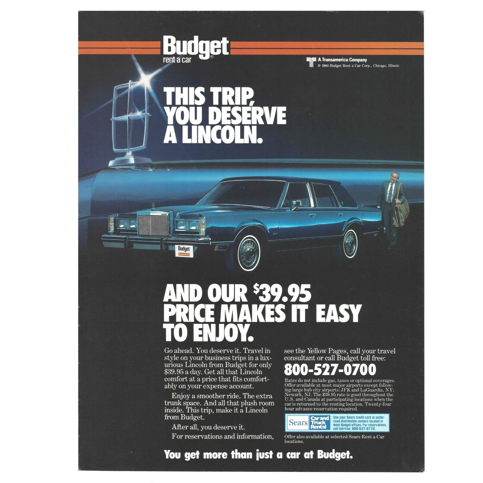 Budget Rent A Car Lincoln Print Ad Vintage 1984 80s 8.25x11” Retro Auto
