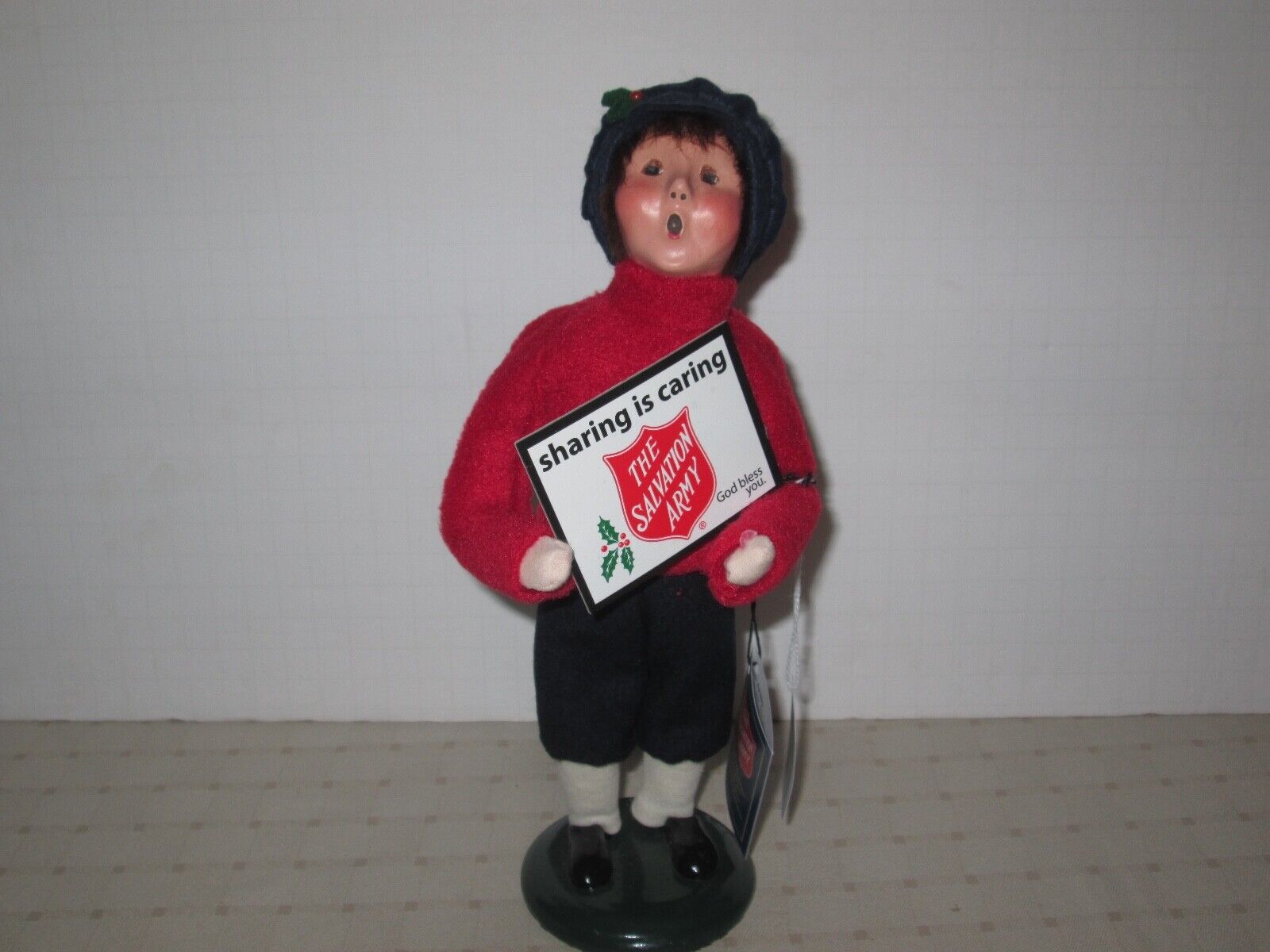 Byers Choice 2015 Salvation Army Boy with Sharing is Caring Sign New