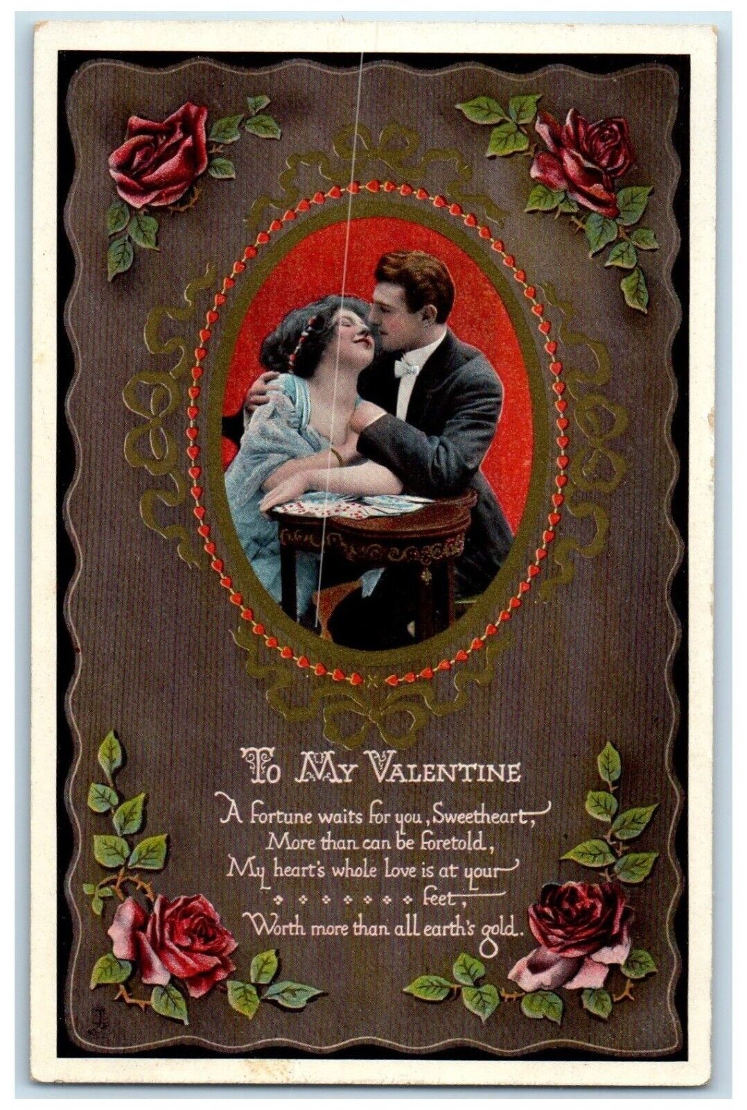 c1910\'s Valentine Sweet Couple Romance Red Roses Flowers Tuck\'s Antique Postcard