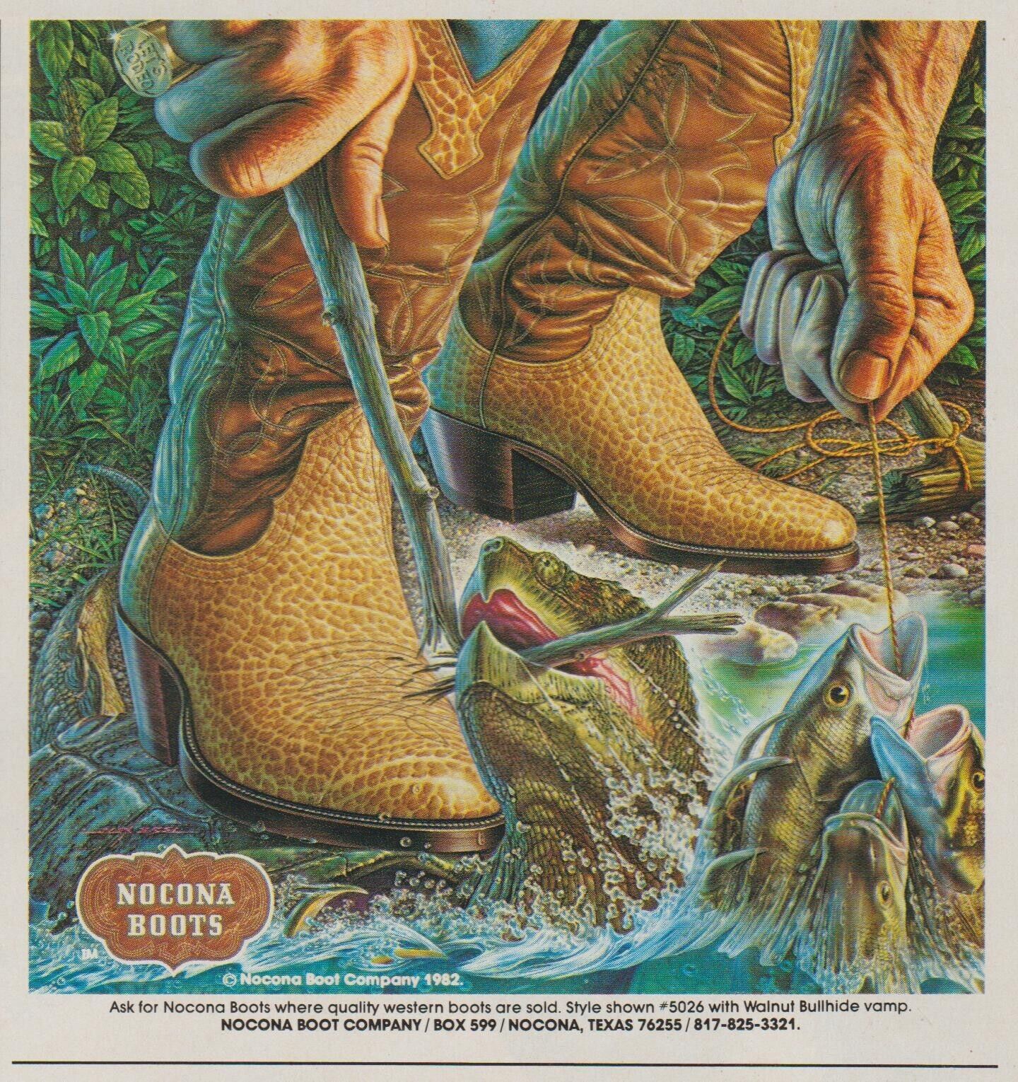 1983 Nocona Cowboy Boots - Snapper Snapping Turtle Fish Bass Bite - Print Ad Art