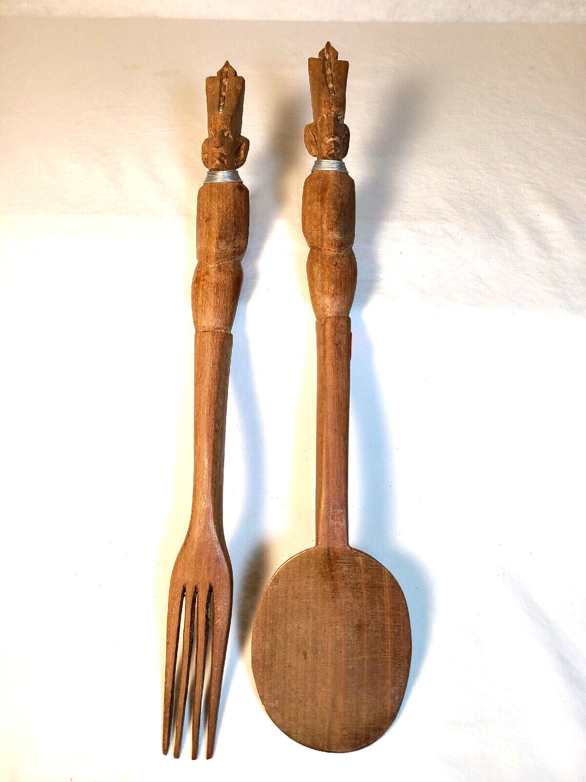 Vintage African Hand-Carved Wooden Large Spoon & Fork Set 14\