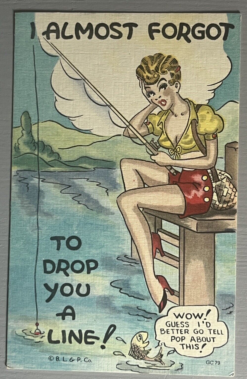 Comic Postcard Risque Pinup Fishing Pretty Young Woman Nice Legs 1940s VJ