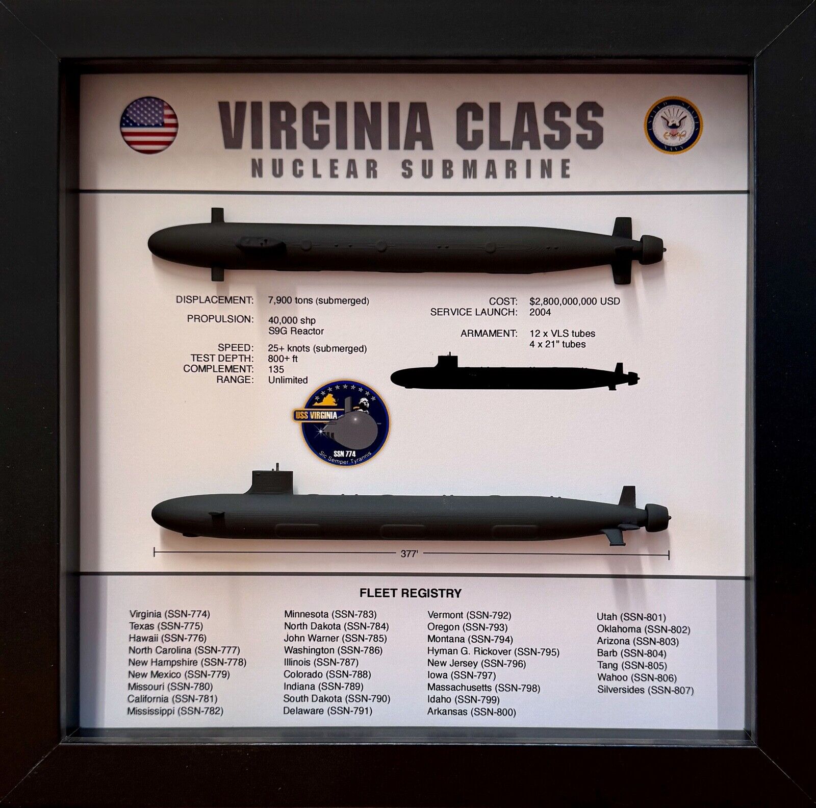 Virginia Class Submarine Shadow Display Box, SSN-774, 9