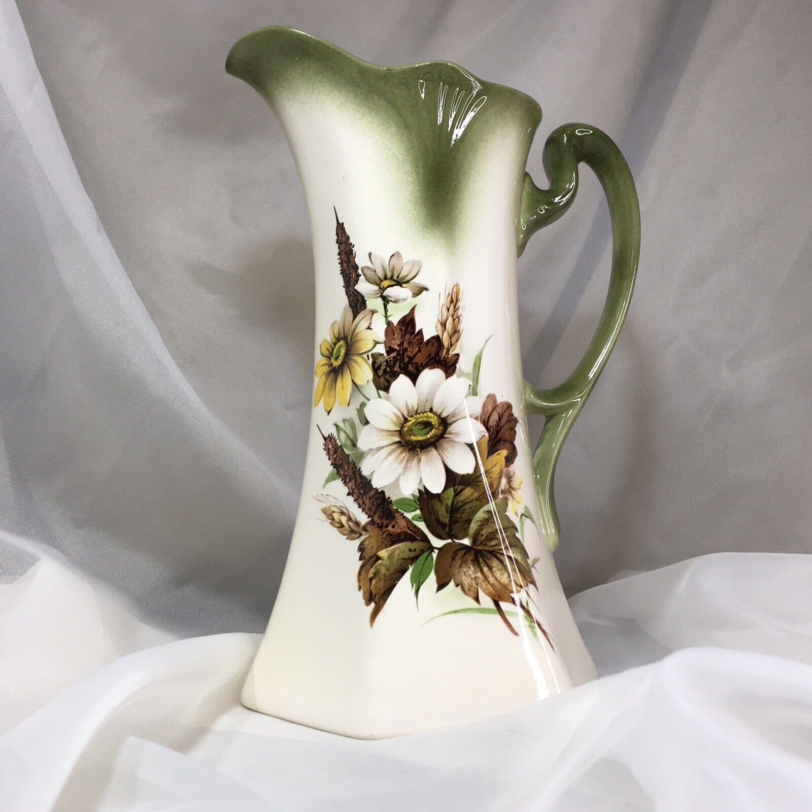 10.25” Vintage 1981 Pitcher Vase, Glazed Ceramic, Flowers, Green, Hand Painted❤️