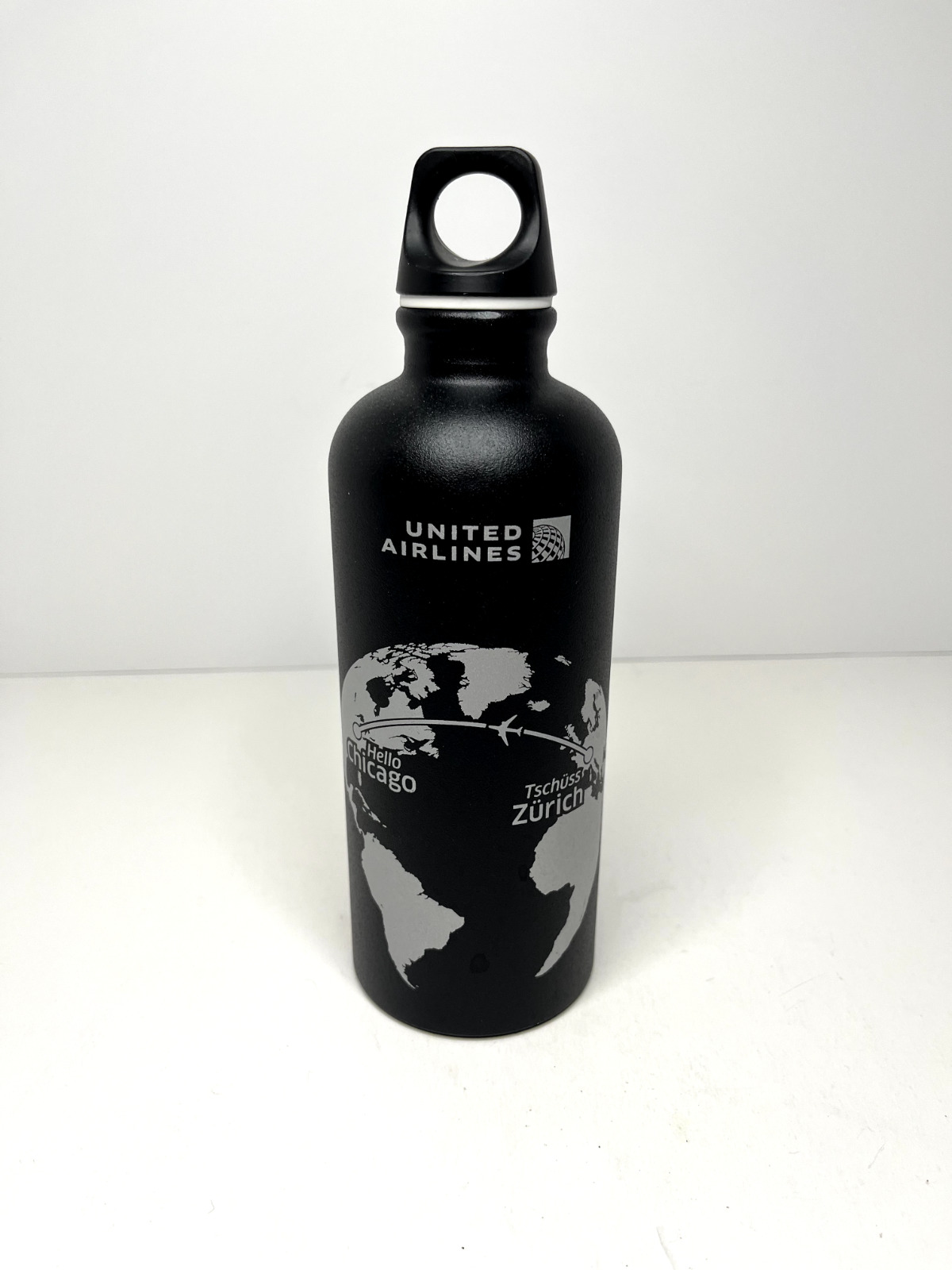 SIGG Switzerland water bottle, United Airlines inaugural Zurich/Chicago, black