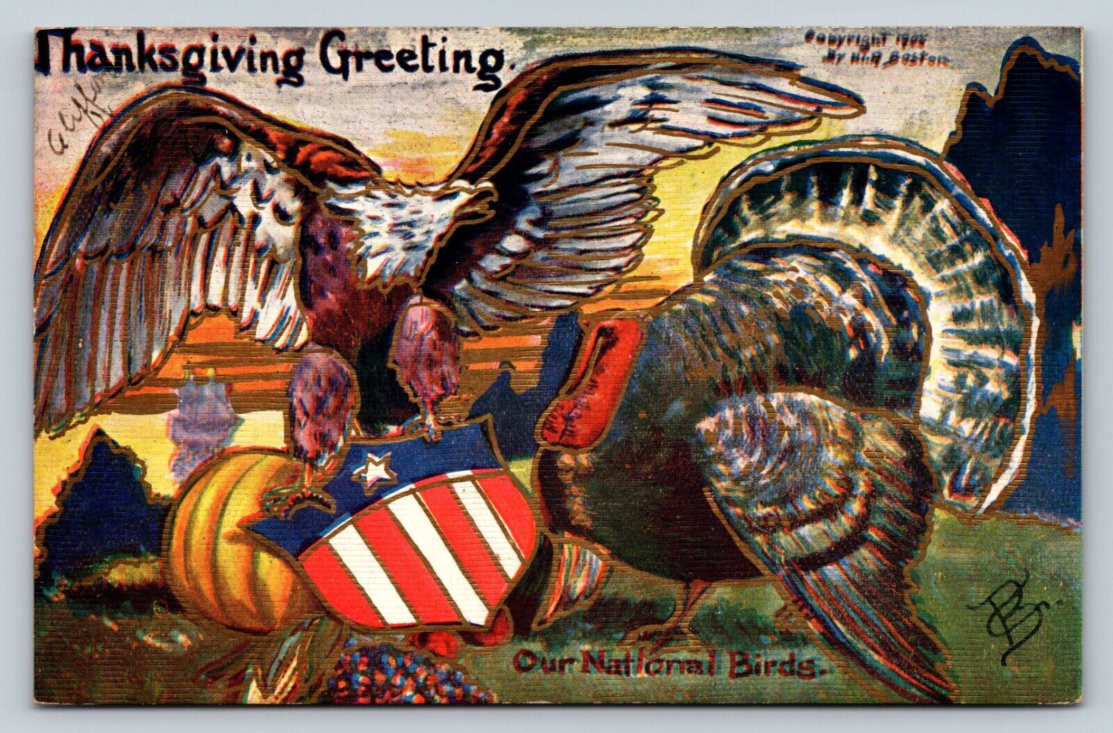 c1908 Thanksgiving Greeting Our National Birds US Shield ANTIQUE Postcard