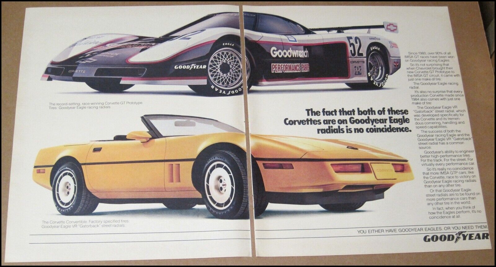1986 Corvette Convertible Race Car Goodyear Tire 2-Page Print Ad Advertisement