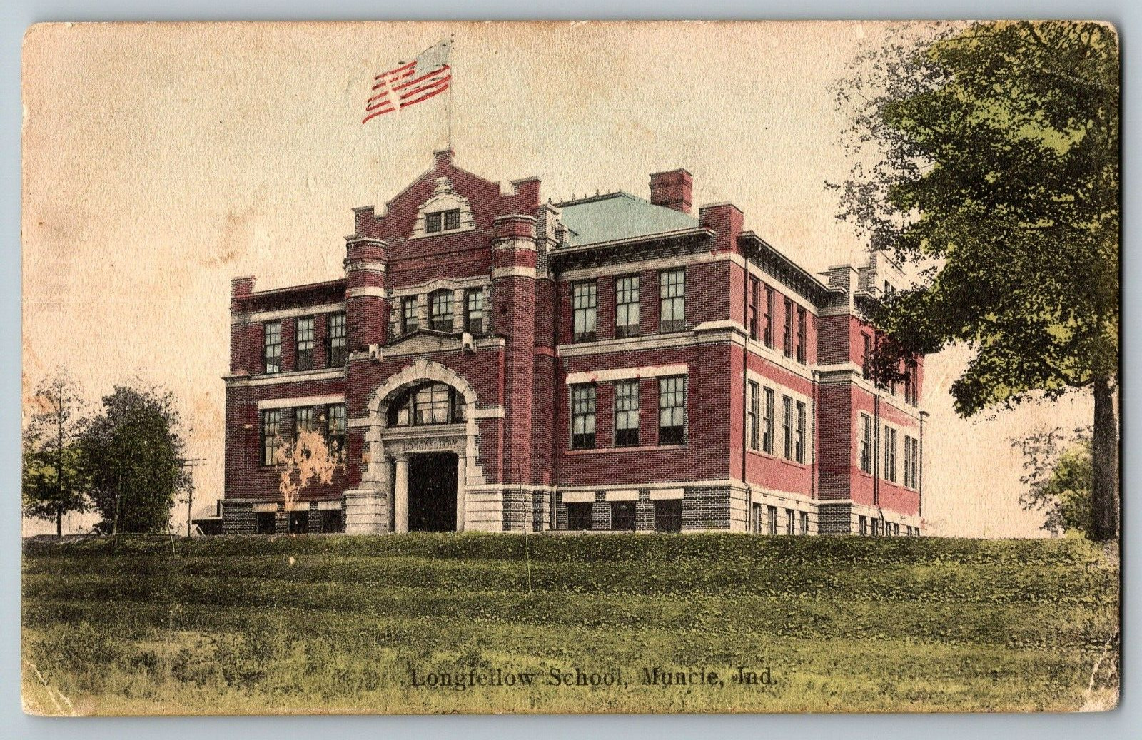 Muncie, Indiana - Longfellow School - Vintage Postcard - Posted 1921