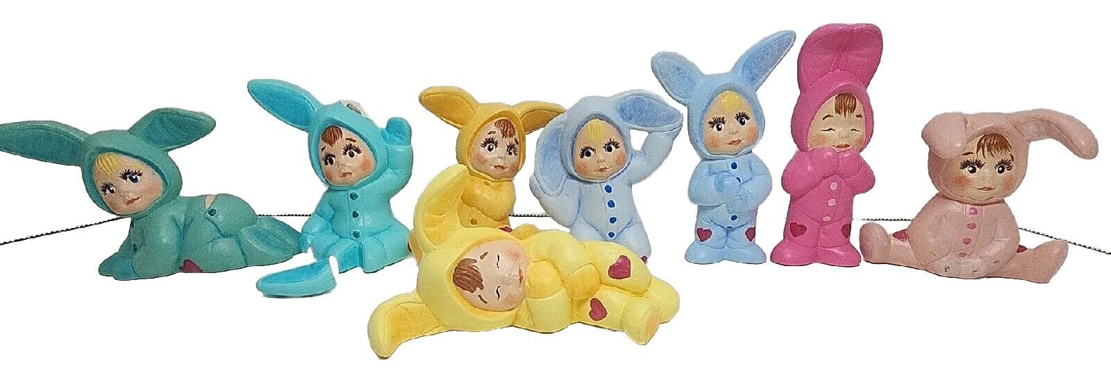 8 Ceramic Sweet Tots Babies Easter Bunny Suits Figurines Donas Mold 1 Ear Broke