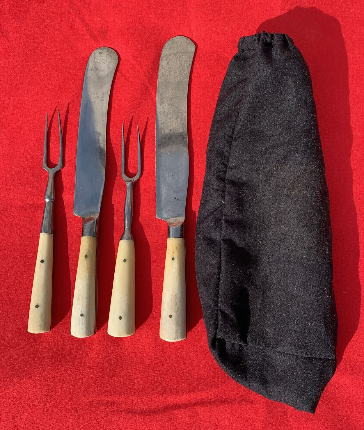 Pair of 18th Century Bone Handle Knife and Fork Set with Pouch
