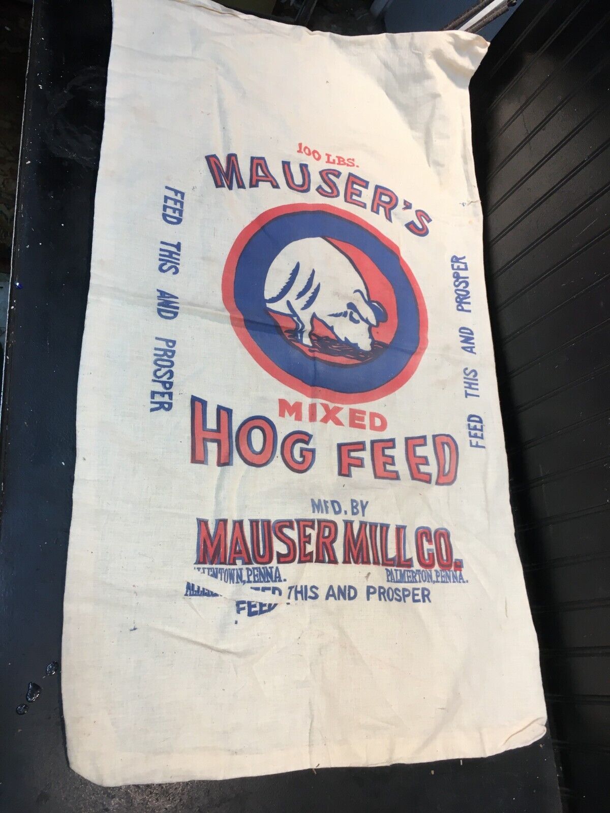 Vintage Mauser Mill Co 100lb Hog Feed Cloth Bag Primitive Farm House Barn Decor