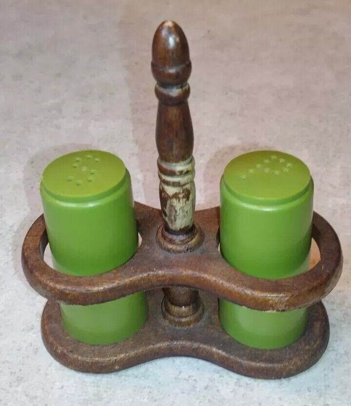 Vintage MCM Avacado Green Salt And Pepper Shakers Wooden Stand Authentic 70’s