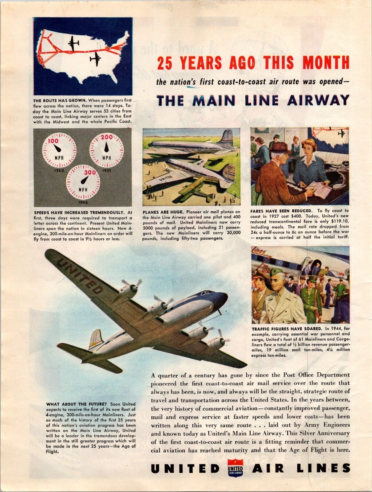 VINTAGE 1945 UNITED AIRLINES WWII ERA MILITARY PRINT AD