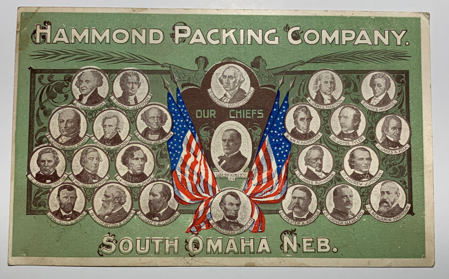 RARE 1900 Hammond Packing Litho Trade card 1st 24 Presidents South Omaha Nebra