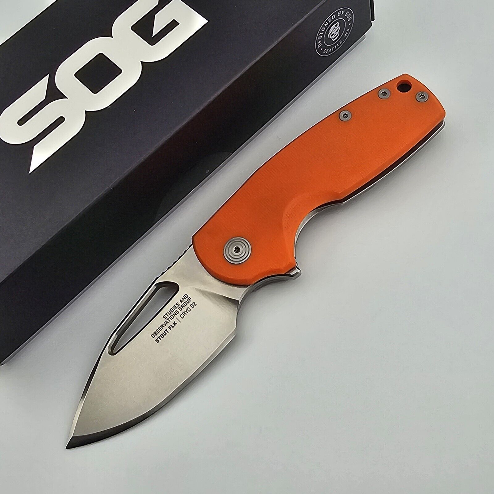 SOG Stout FLK Folding Knife Cryo D2 Blade Orange G10 Handles 14-03-06-57