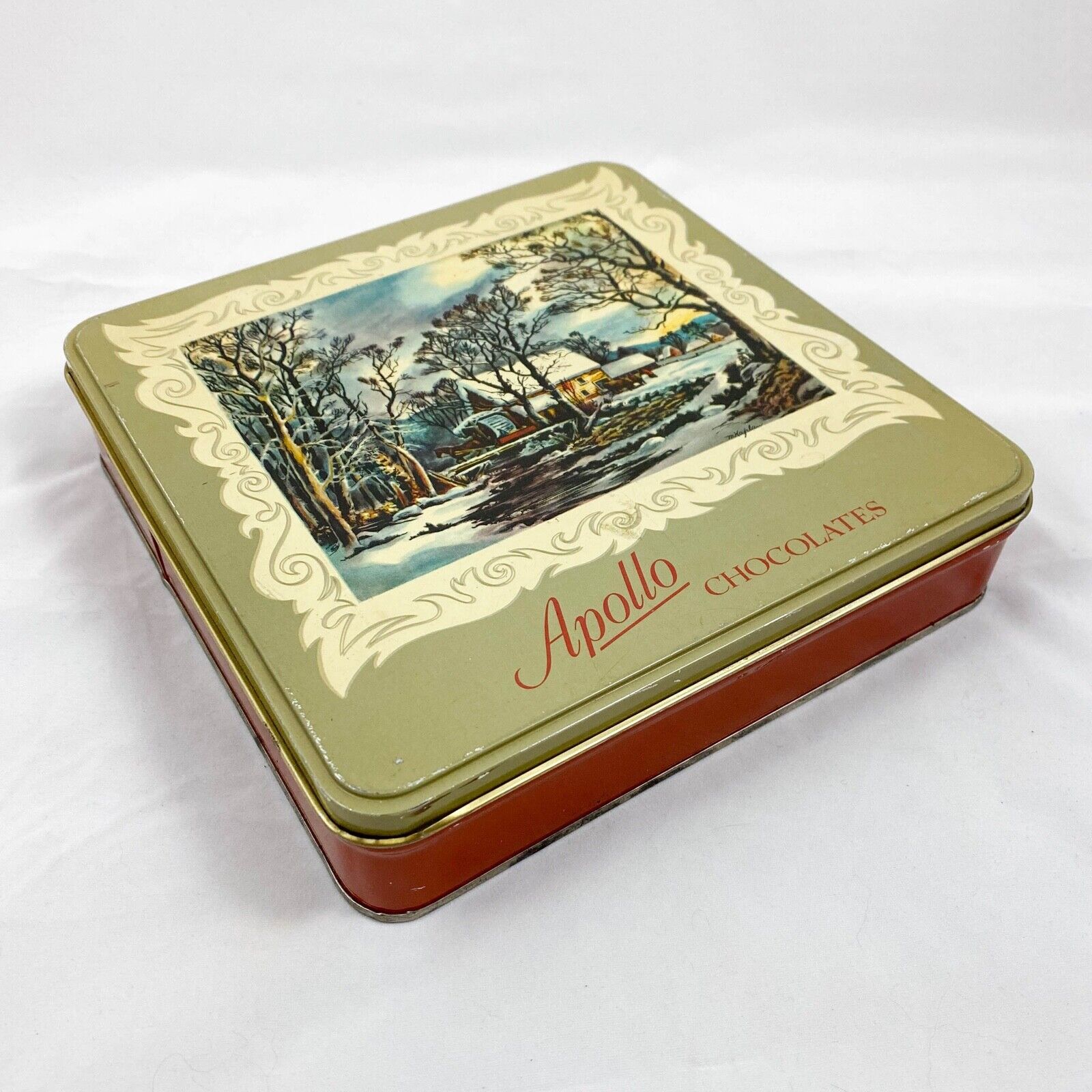 Vintage Apollo Chocolates Tin, Collectible Chocolate Tins Storage, Winter Cabin
