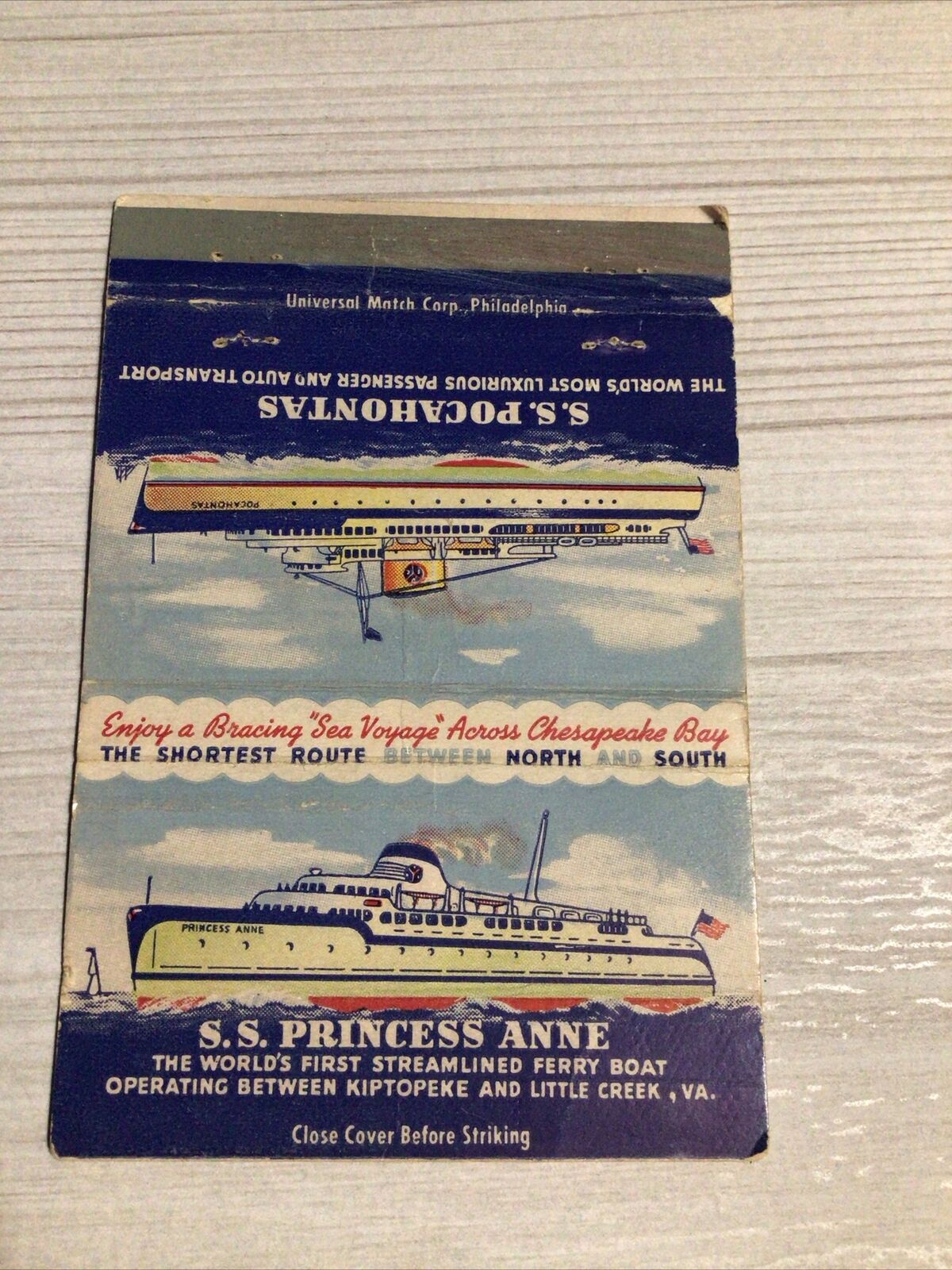Vintage Streamlined Ferry Boats SS Princess Anne & Pocahontas matchbook Virginia