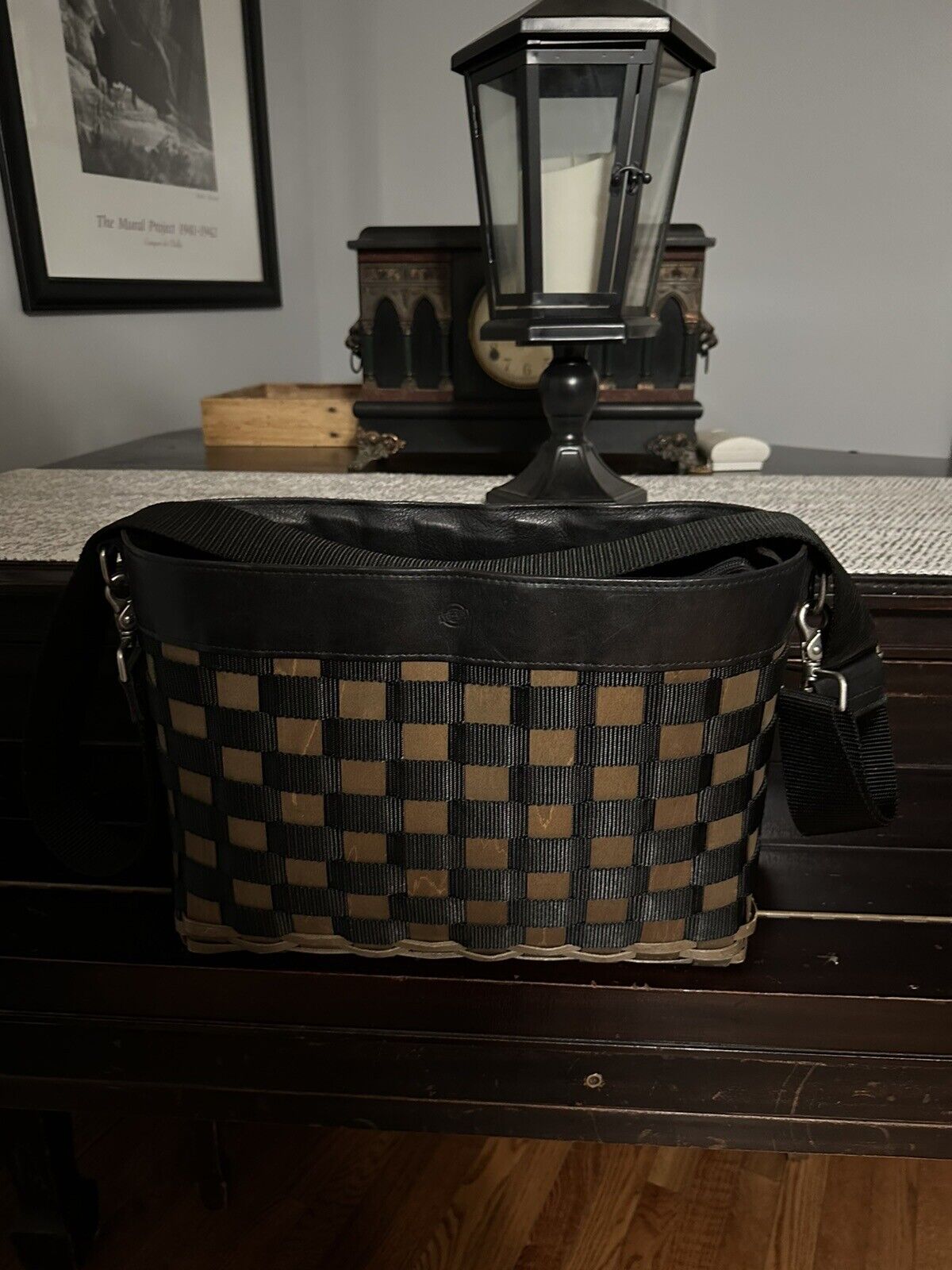Longaberger To Go Large Woven Tote Handmade Basket Bag Purse Black Brown Strap