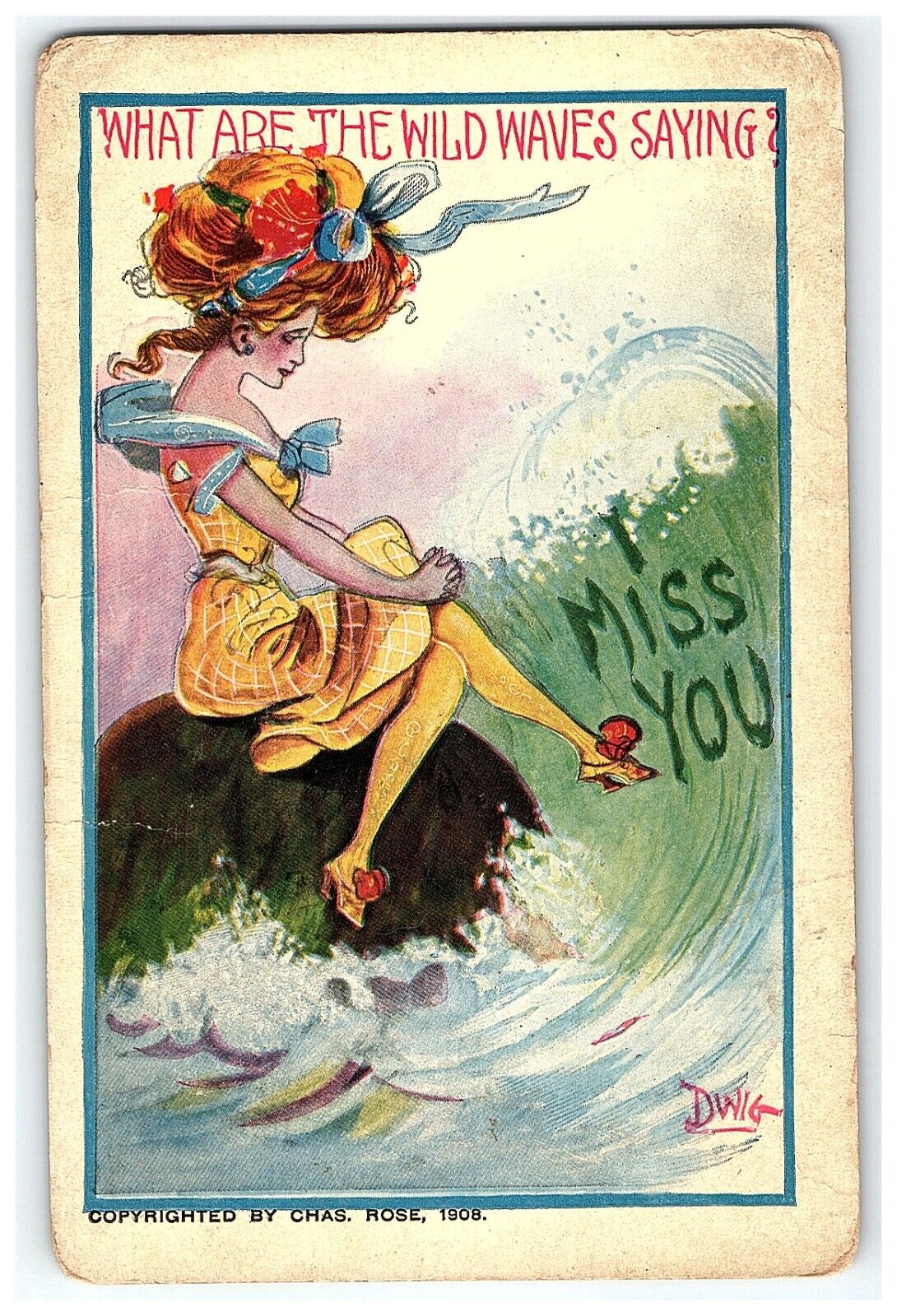 1908 Postcard What Are The Wild Waves Saying? I Miss You Dwig Artist Signed