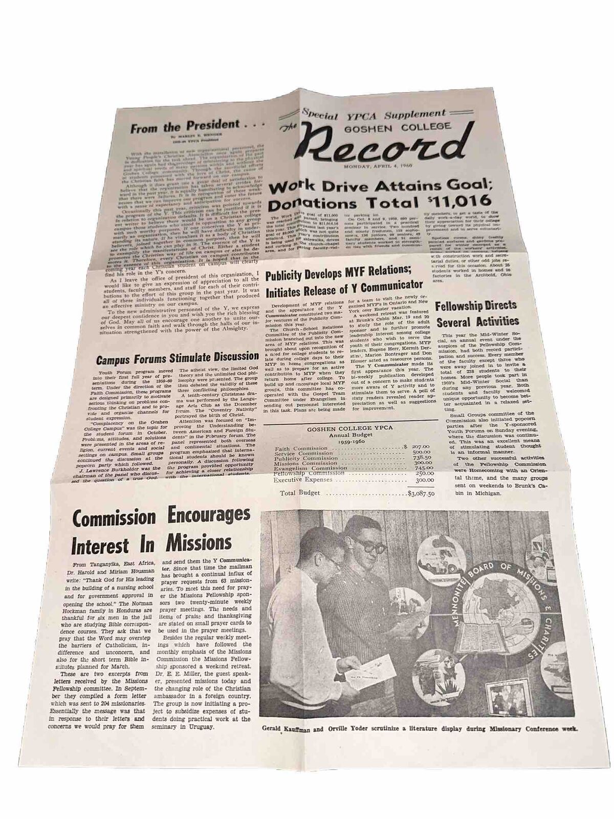 Goshen College - The Record - April 4, 1960 - Vintage Paper - Goshen, IN