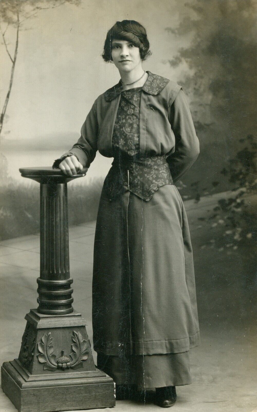 Vintage 1900s Real Photo Postcard RPPC AZO Young Woman Standing Column Studio