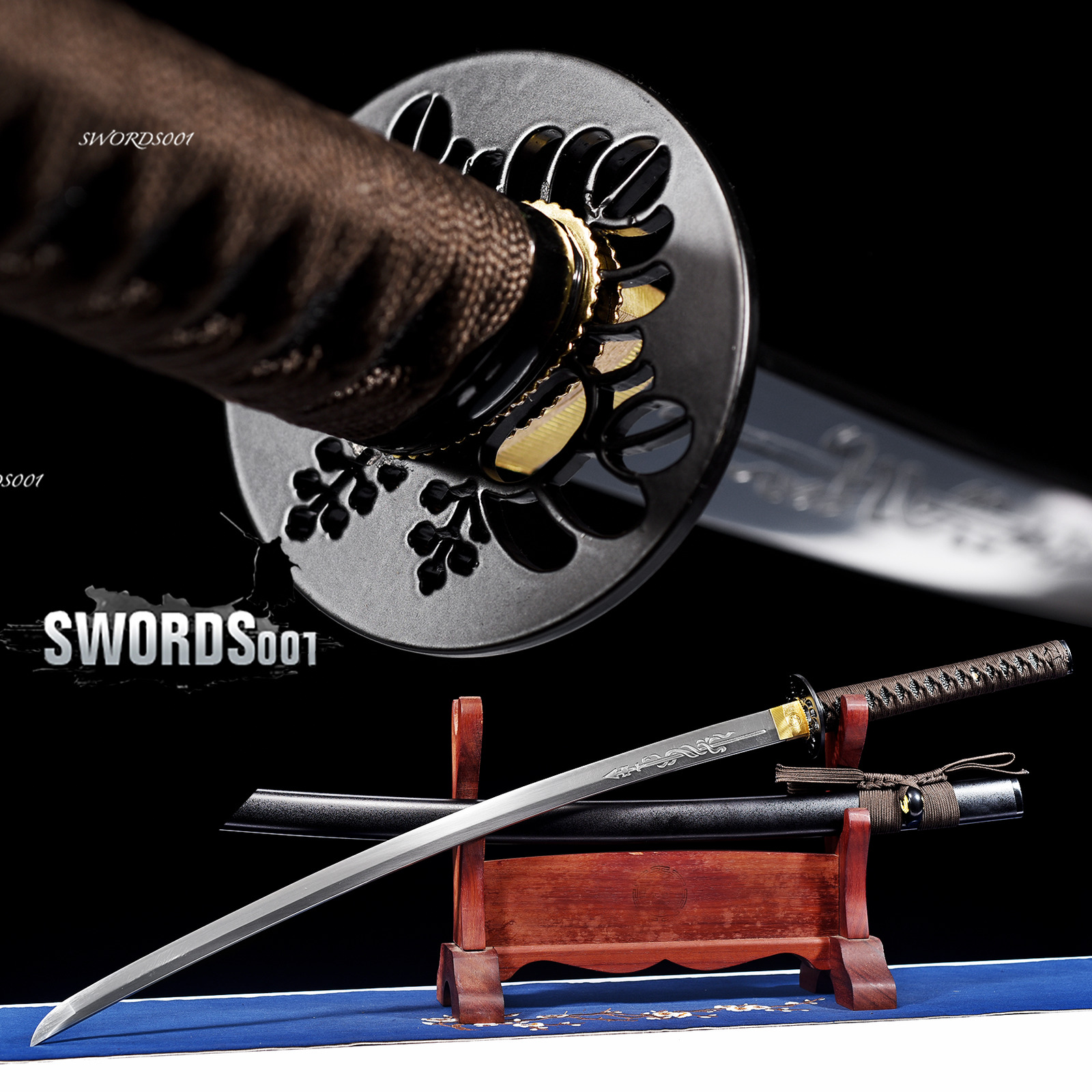 Dark Brown Tsukamaki Japanese Samurai Katana Sword Carbon Steel Engraved Blade