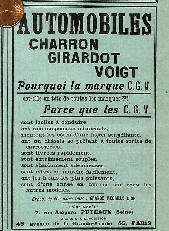 PUTEAUX (92) AUTOMOBILES CHARRON GIRARDOT VOIGT (CGV) ADVERTISING 1903