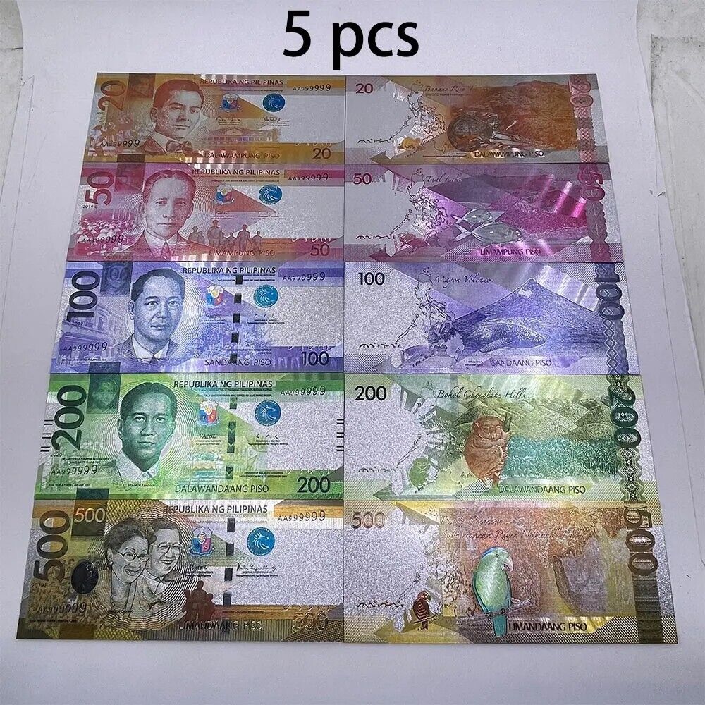 5pcs/set Philippines Silver Foil Banknotes 20 50 100 200 500 Peso For Nice Gift