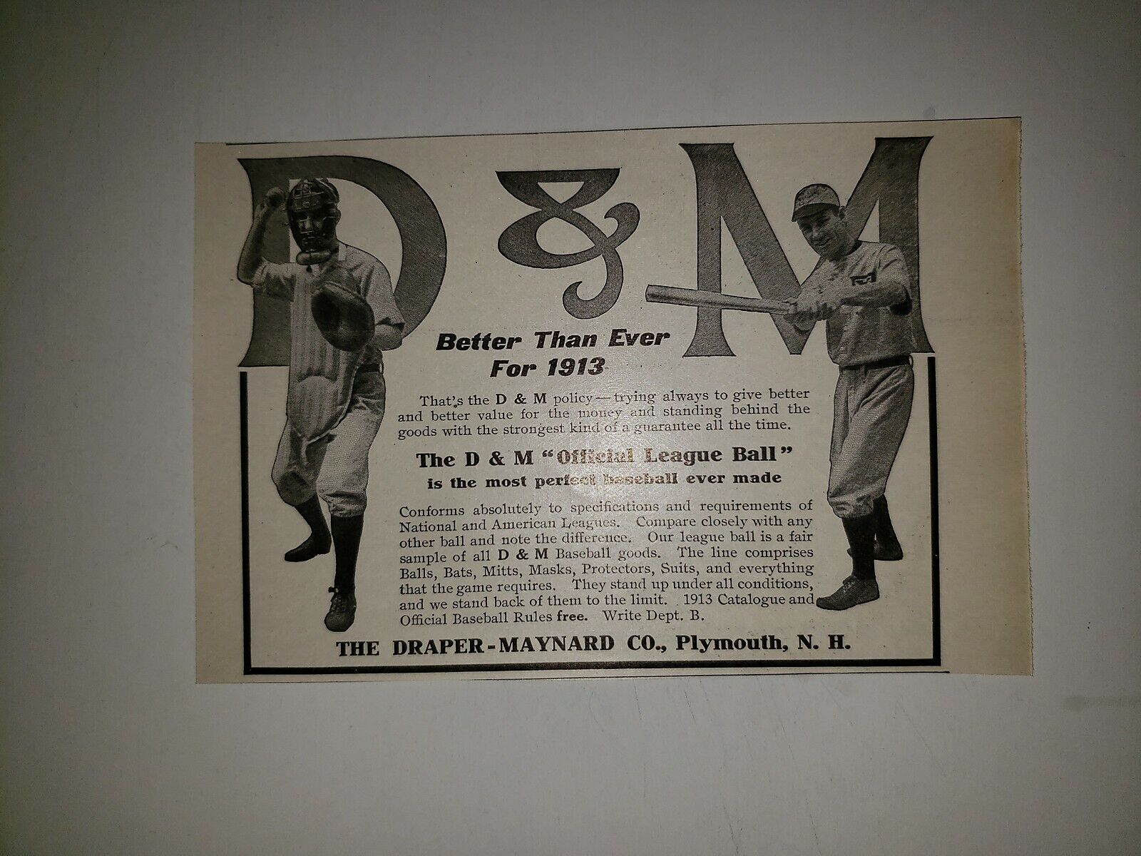 Draper Maynard D&M 1913 Baseball Advertisement RARE