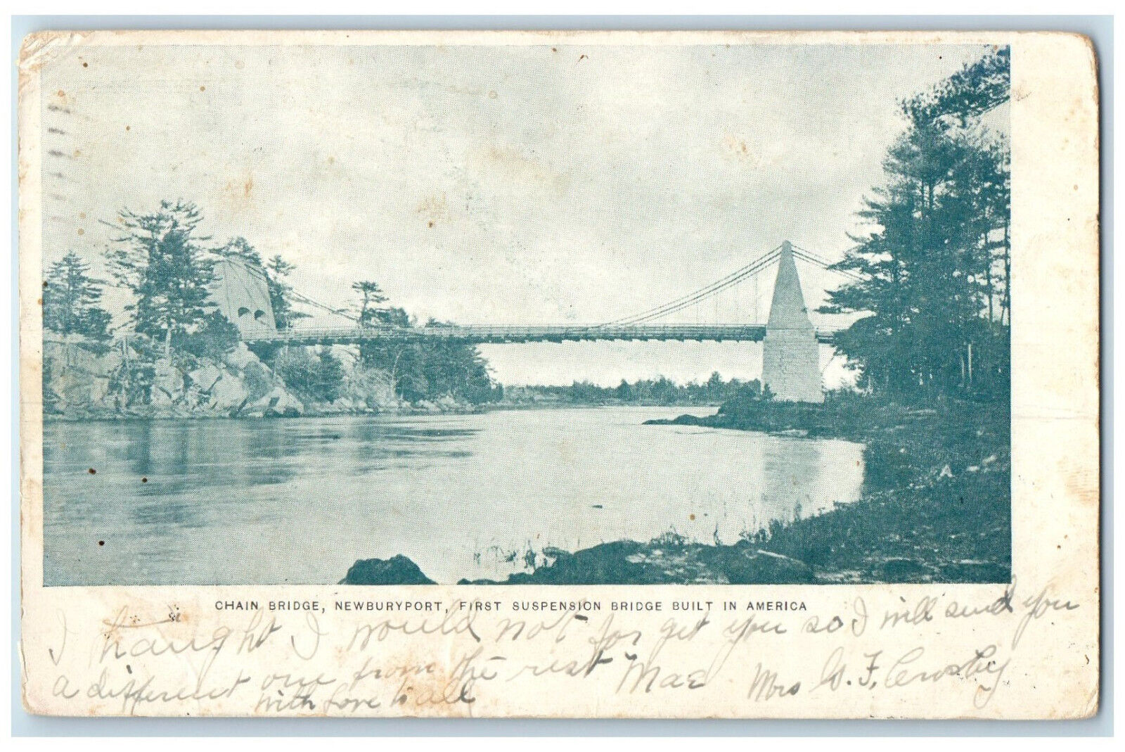 1905 Chain Bridge First Suspension Bridge Newburyport MA Winslow ME Postcard