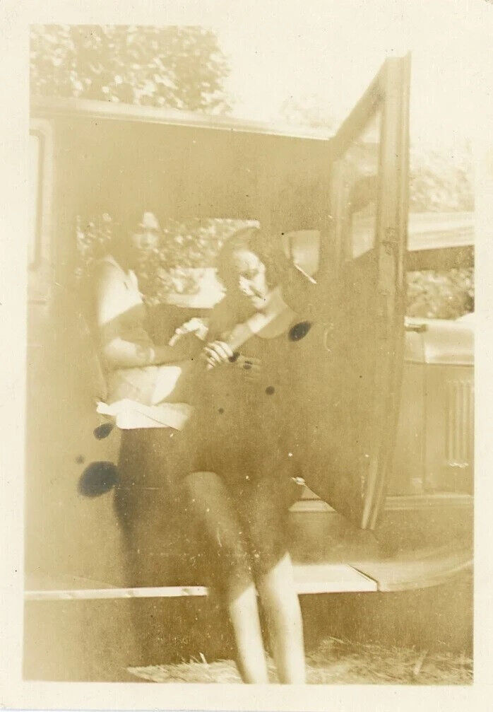 Couple in a Car Vintage Snapshot Photo Faded Spots Bathing Suit Girl Unusual 80
