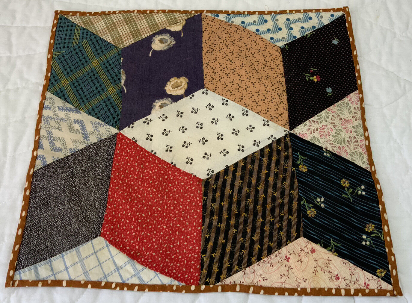 Antique Vintage Patchwork Quilt Table Topper, Early Calicos, Tumbling Blocks