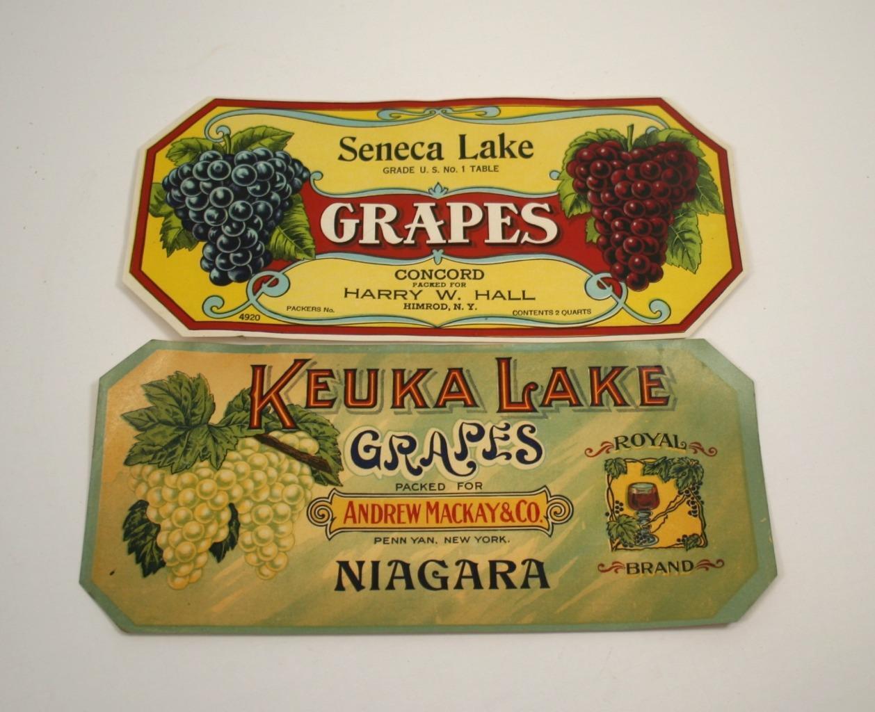 Two Vintage Grape Box labels Seneca Lake, Keuka Lake New York