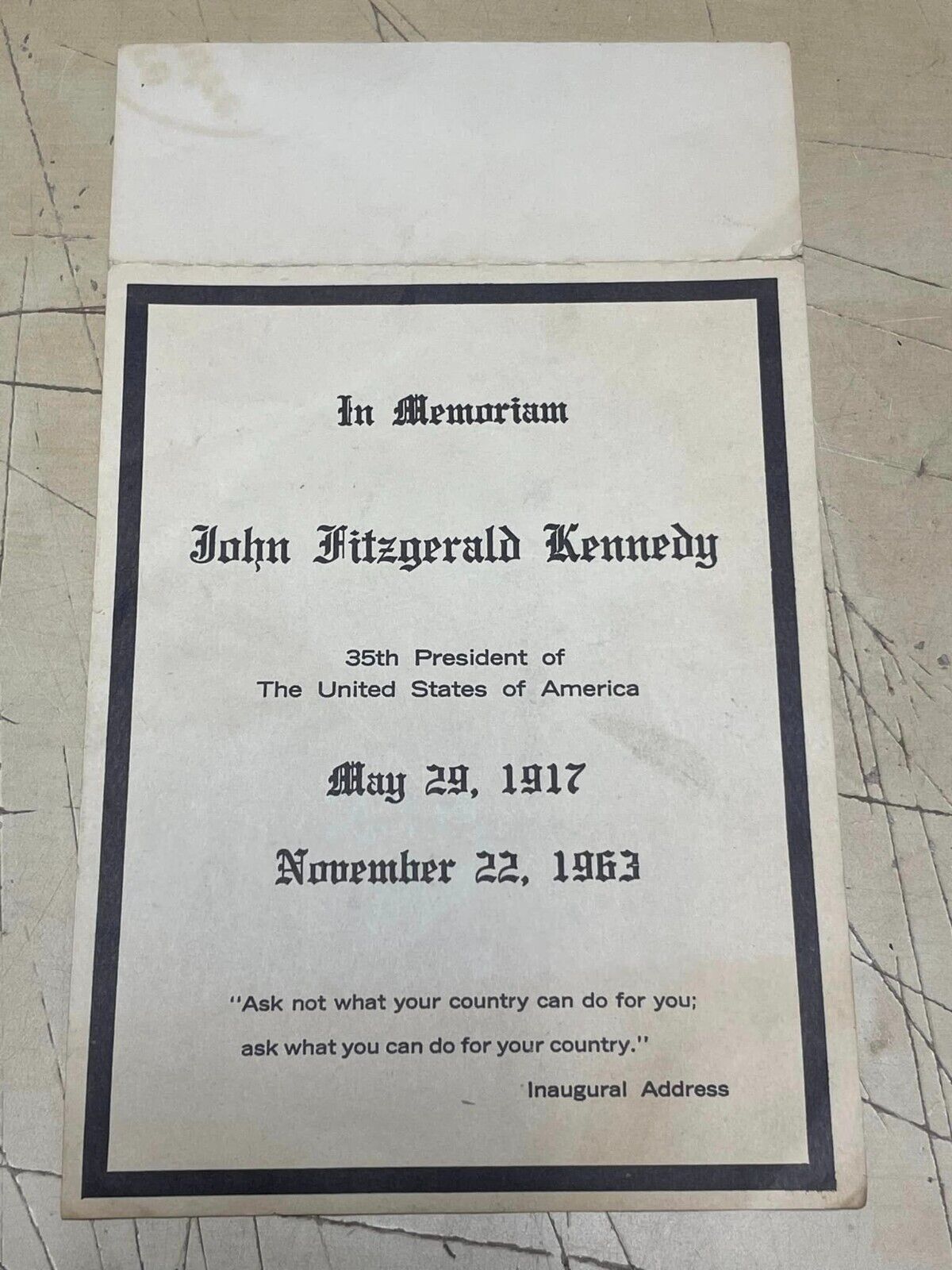 Vintage Original 1963 In Memoriam John Fitzgerald Kennedy Card with Quote