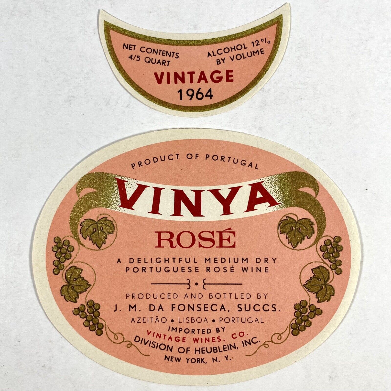 Vinya Rose Vintage 1964 Portugal JM Da Fonseca Unused Paper Wine Label & Collar