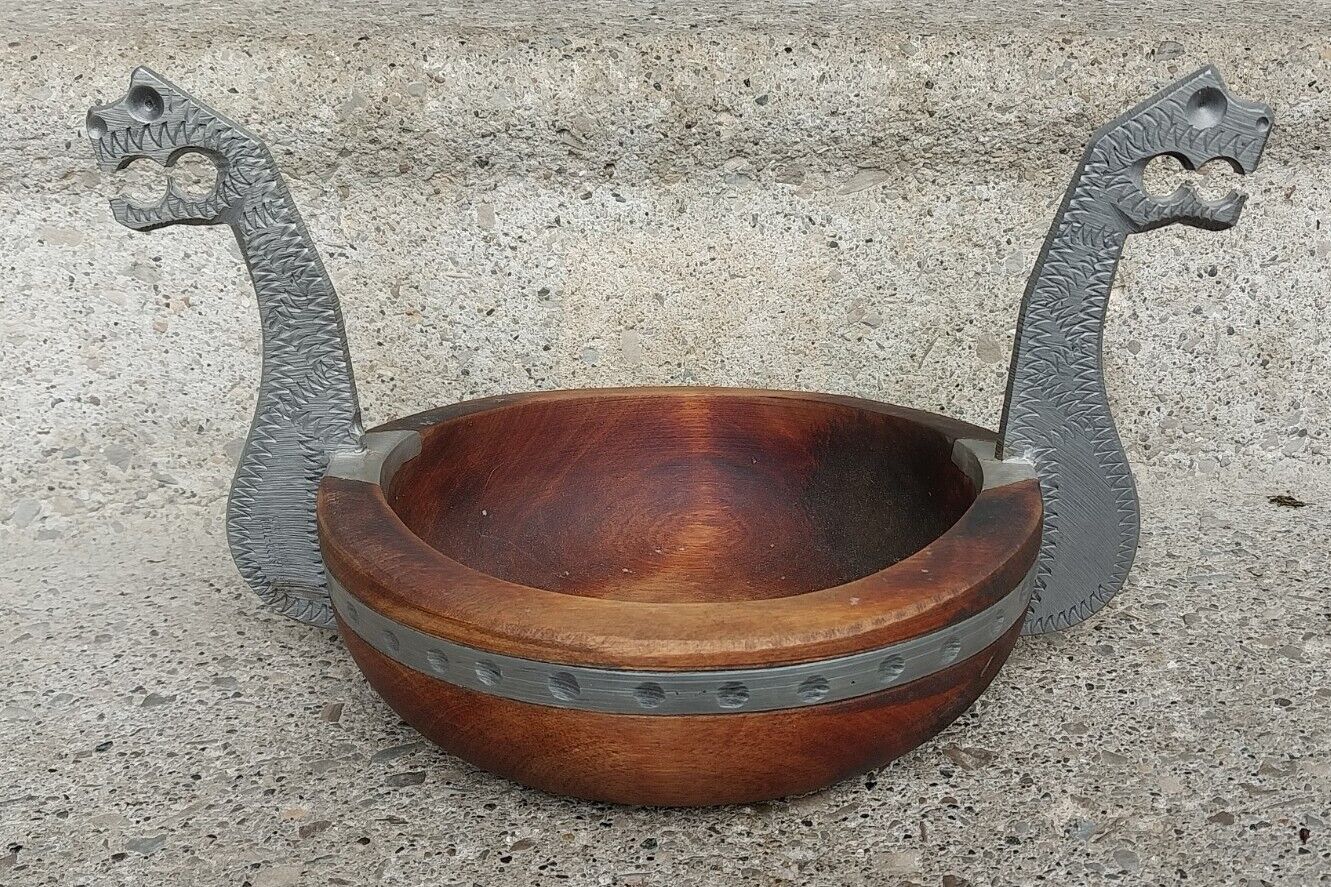 Vtg Wooden Kjenge Ale Bowl with Saga Tinn Pewter Norway Dragon / Serpent Heads