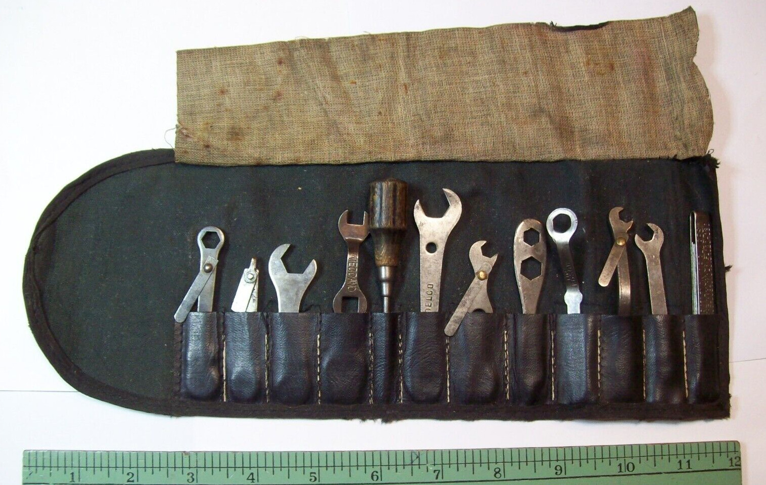 vintage  ignition / magnetos wrench set in tool roll , Simms, Delco, Meccano,