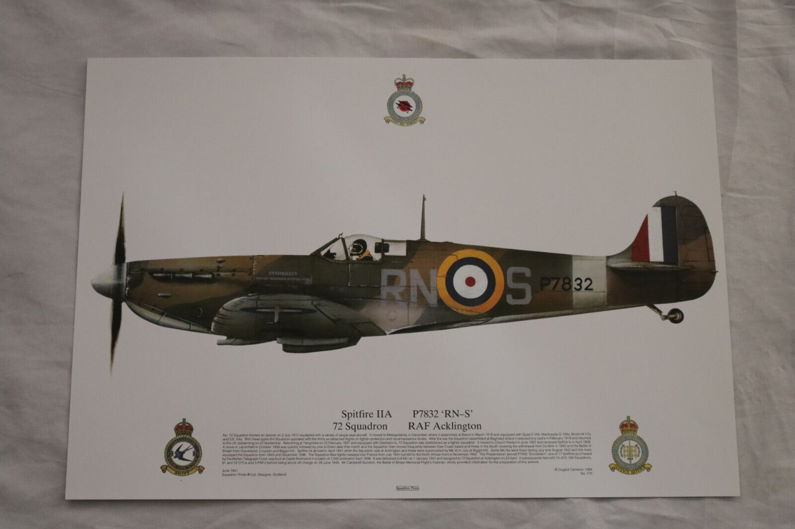 RAF Spitfire IIA P7832 BBMF 72 Sqn RAF Acklington Squadron print 16.5\