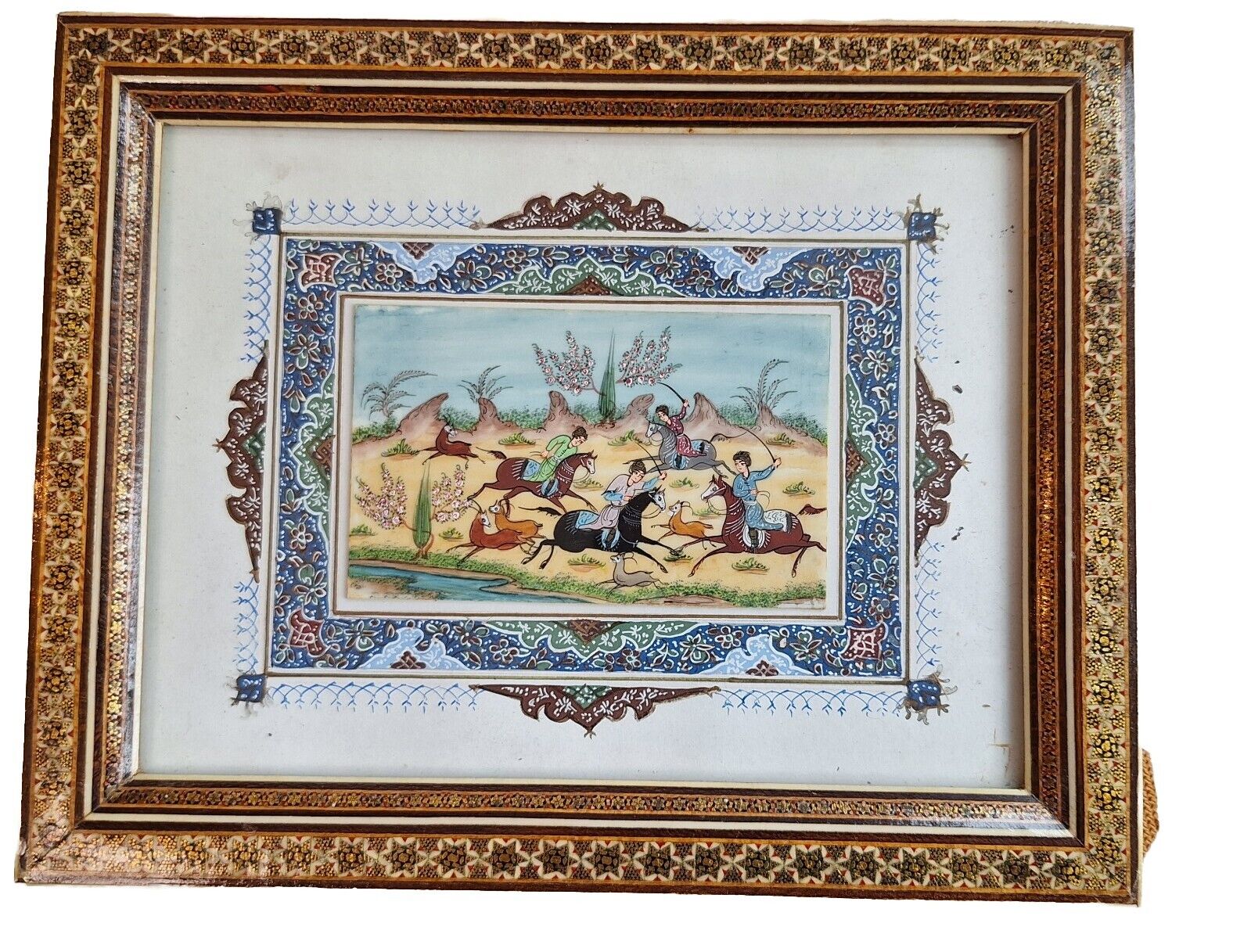 VTG Persian Hunting Scene Camel Bone Painting with Inlaid Marquetry Khatam Frame