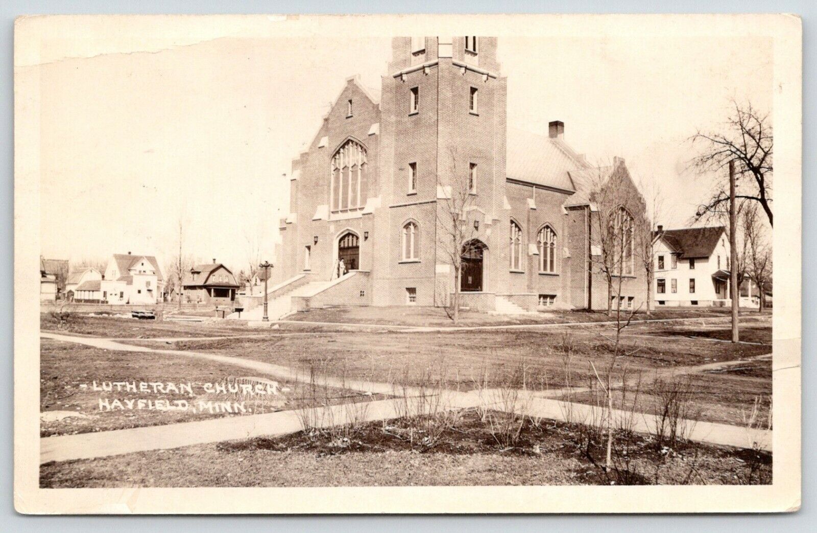 Hayfield MN~Trinity Lutheran Church~Neighbors~Gambrel Roofs~Parsonage?~RPPC 1929