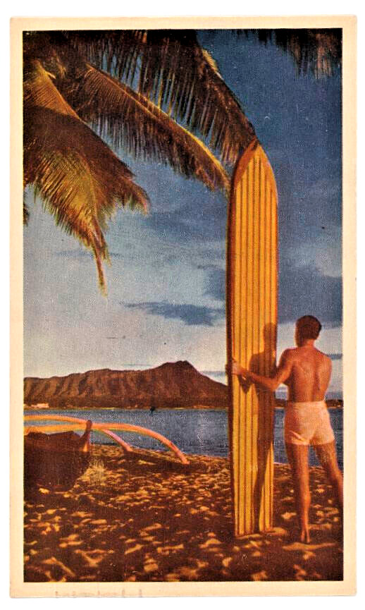 Vinatge Hawaii Surf Postcards-Surfer w/board looking at Diamond Head -Free ship