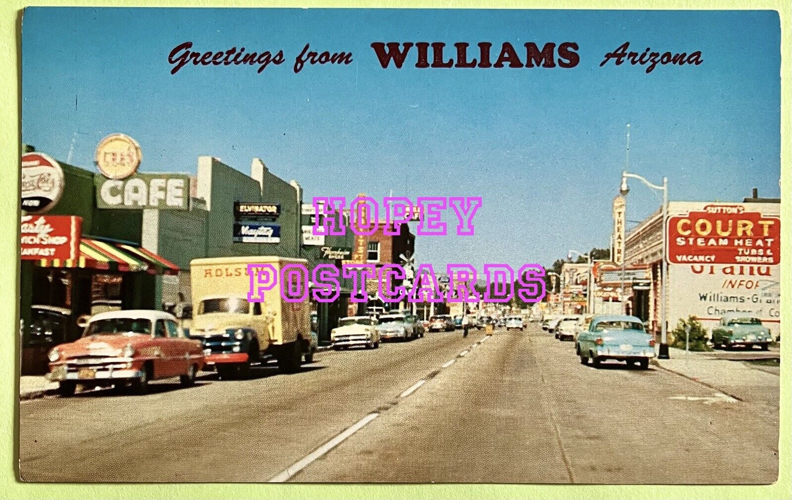 ROUTE 66~WILLIAMS, AZ~GREETINGS~STREET SCENE~PEPSI ~THEATRE~ CARS~postcard~1950s