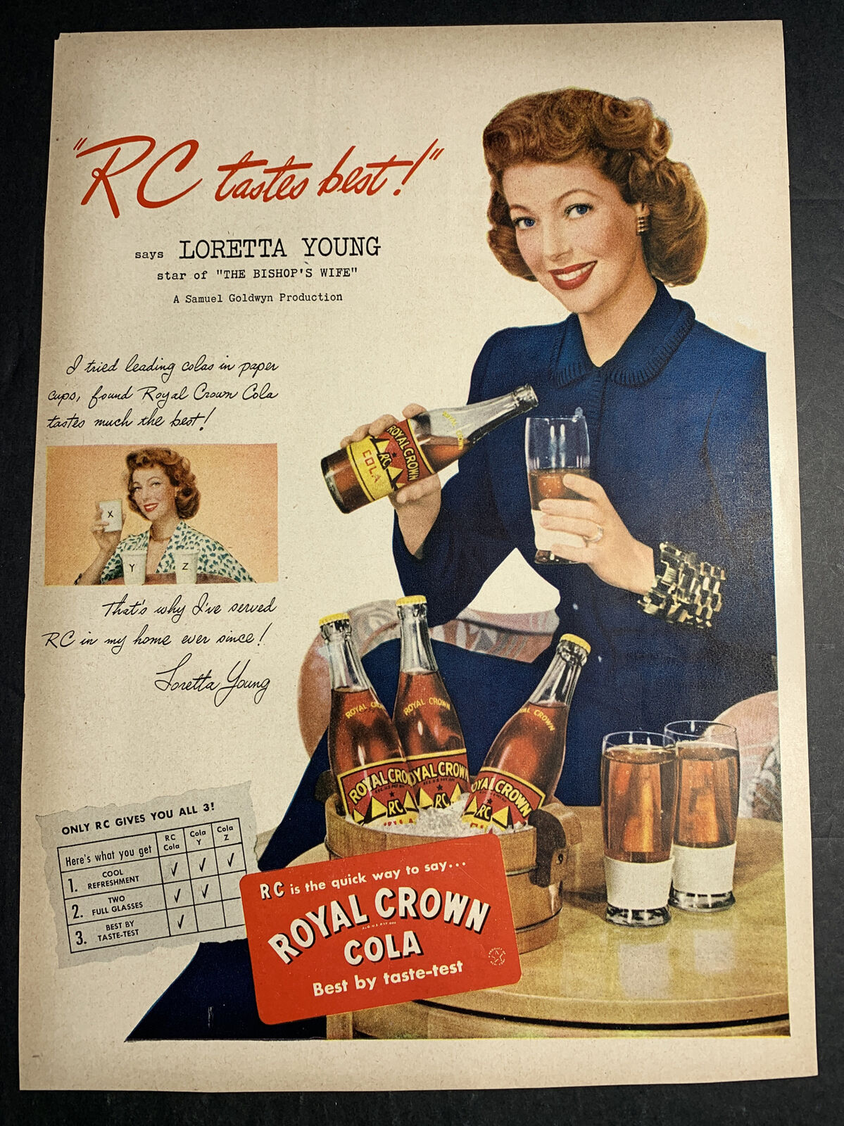 1948 Hollywood RC Royal Crown Cola Soda Ad Loretta Young Movie Star Pin Up