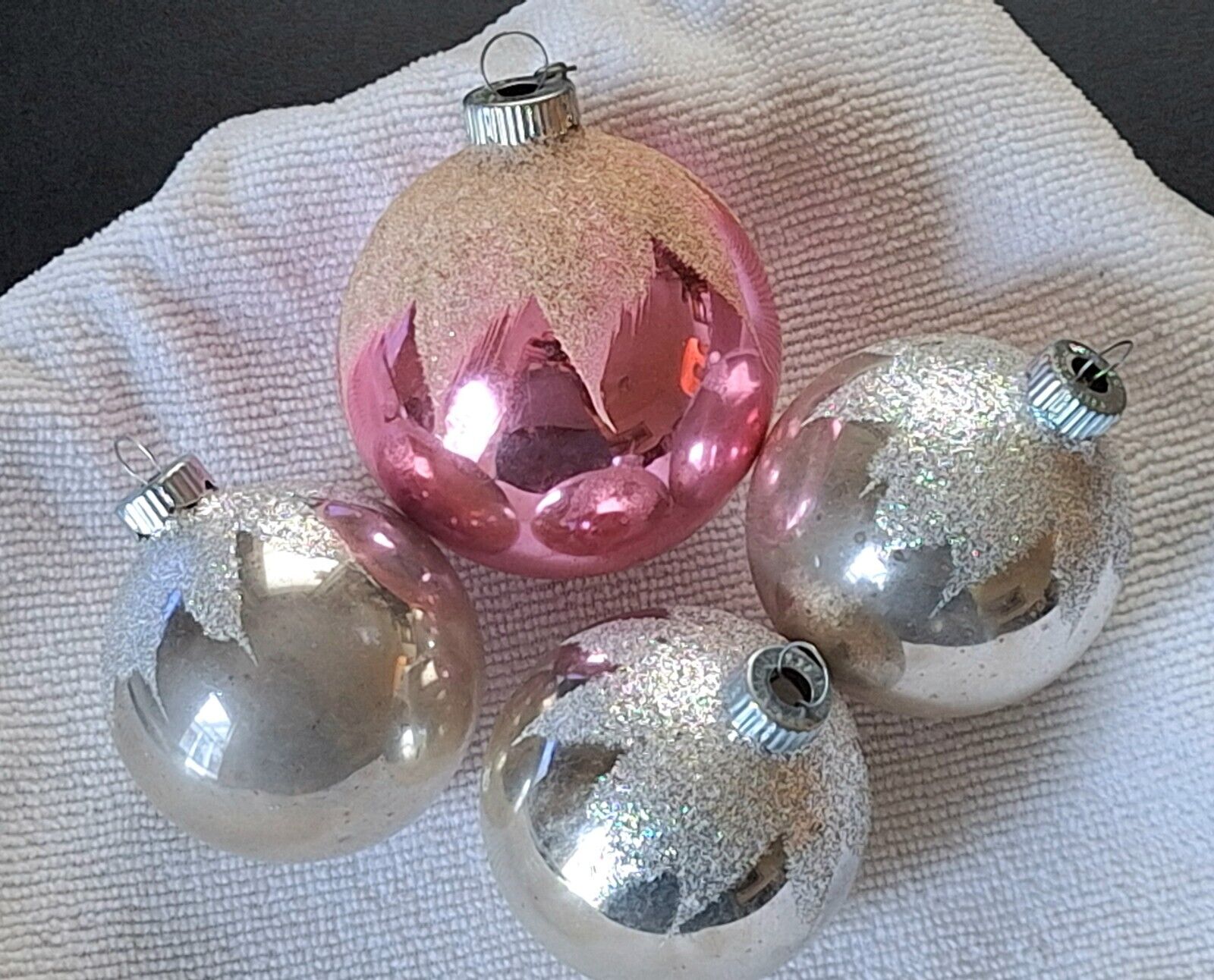 Vintage Glass Ornaments Shiny Brite Mica Snow Cap Lot of 4 Silver Pink