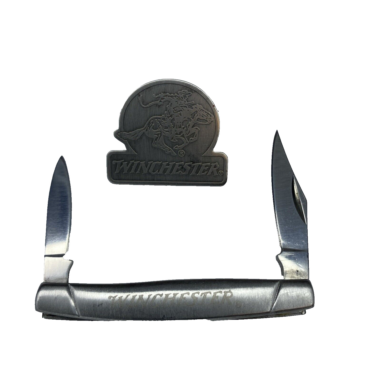 Winchester 32mm Pocket Knife two-blade Lock Back Stainless Steel Logo & Pinback