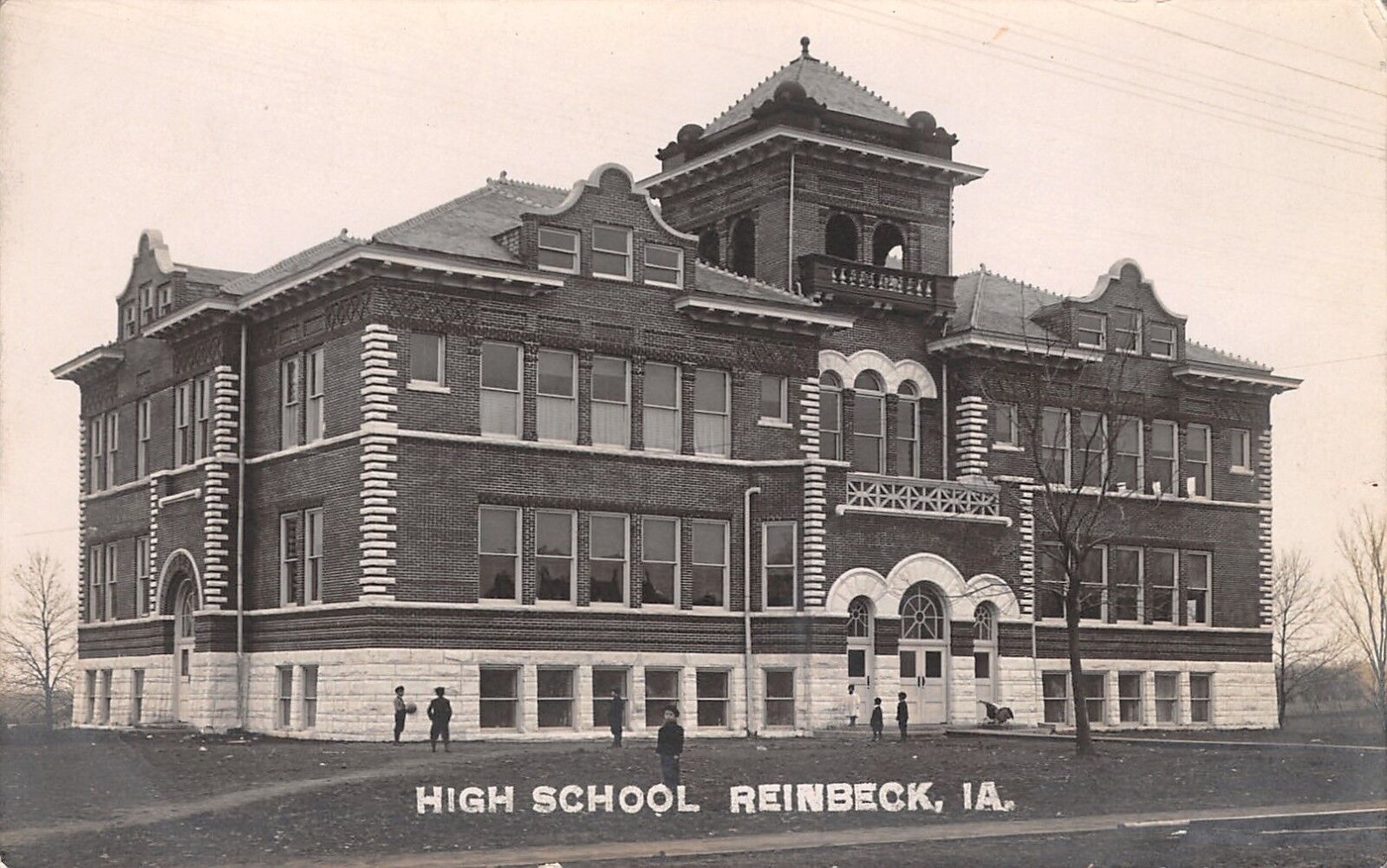Reinbeck Iowa~High School~Kids With Dodge Ball~Baby Carriage by Door~1909 RPPC